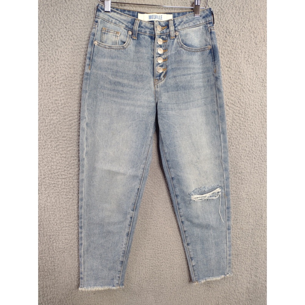 Melville Jeans Womens 24 Crop Mid Rise Button Fly Light Ripped Denim Blue